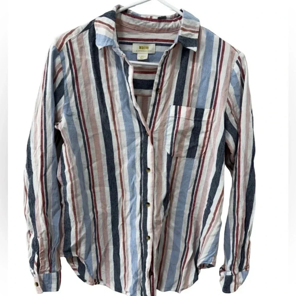 Maeve by Anthropologie Linen Shirt, Size XS, Loose Fit, Multi Color, Button Down